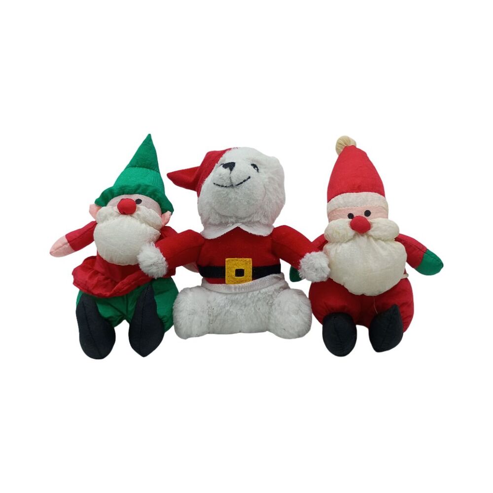 Vintage Nylon Christmas Plush Lot 3 Santa Elf Polar Bear Soft Dreams Puffy Decor